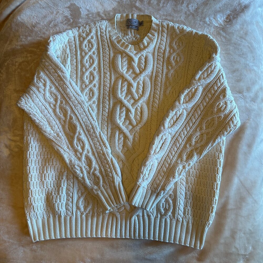 Cable Knit Ivory Fisherman Sweater Mens XL RARE Hand Knit 100% Cotton Talbots 3D